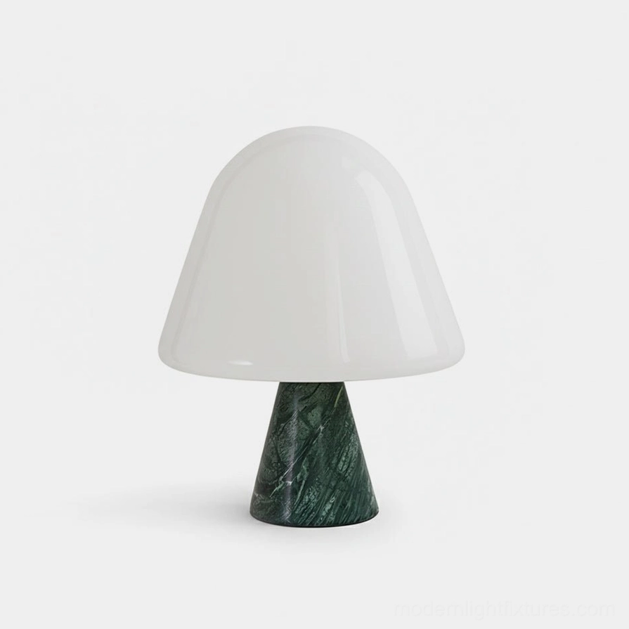 Modern marble mushroom table lamp with opal glass shade and dark green marble base, studio frontal view showcasing minimalist mid-century design