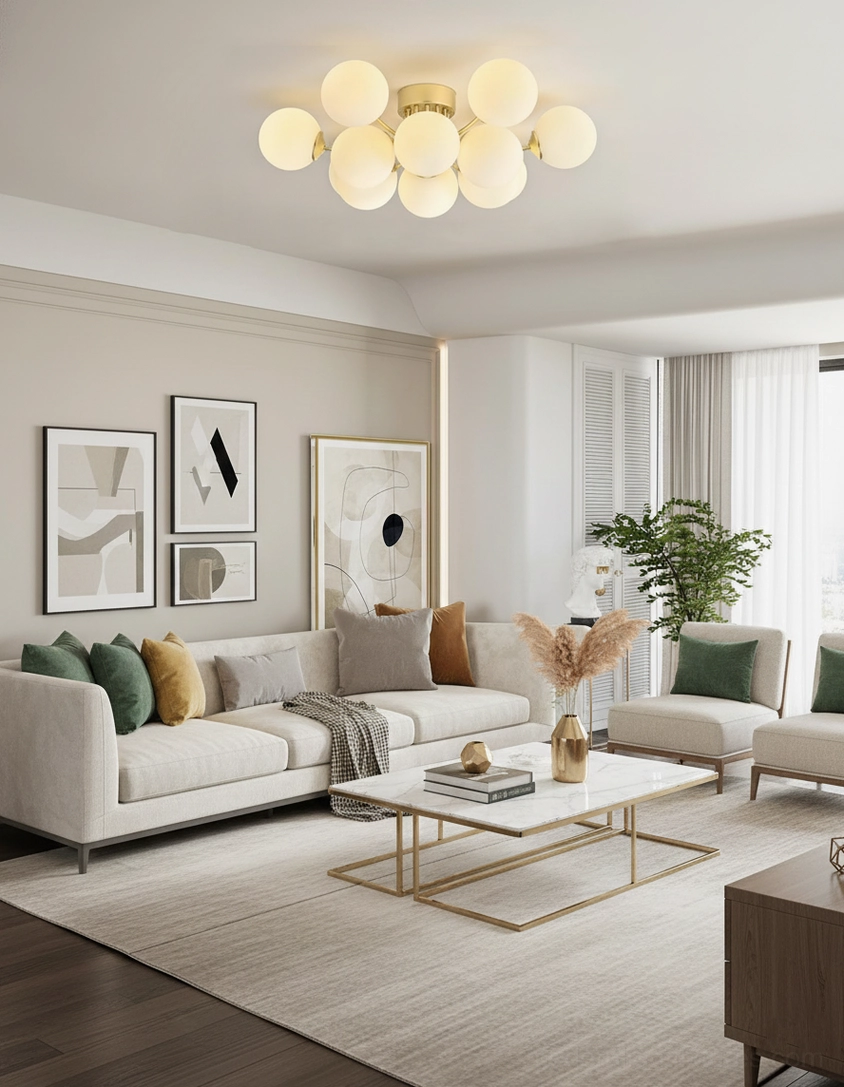 Compact sputnik ceiling light in warm minimalist modern living room with brass gold and frosted glass