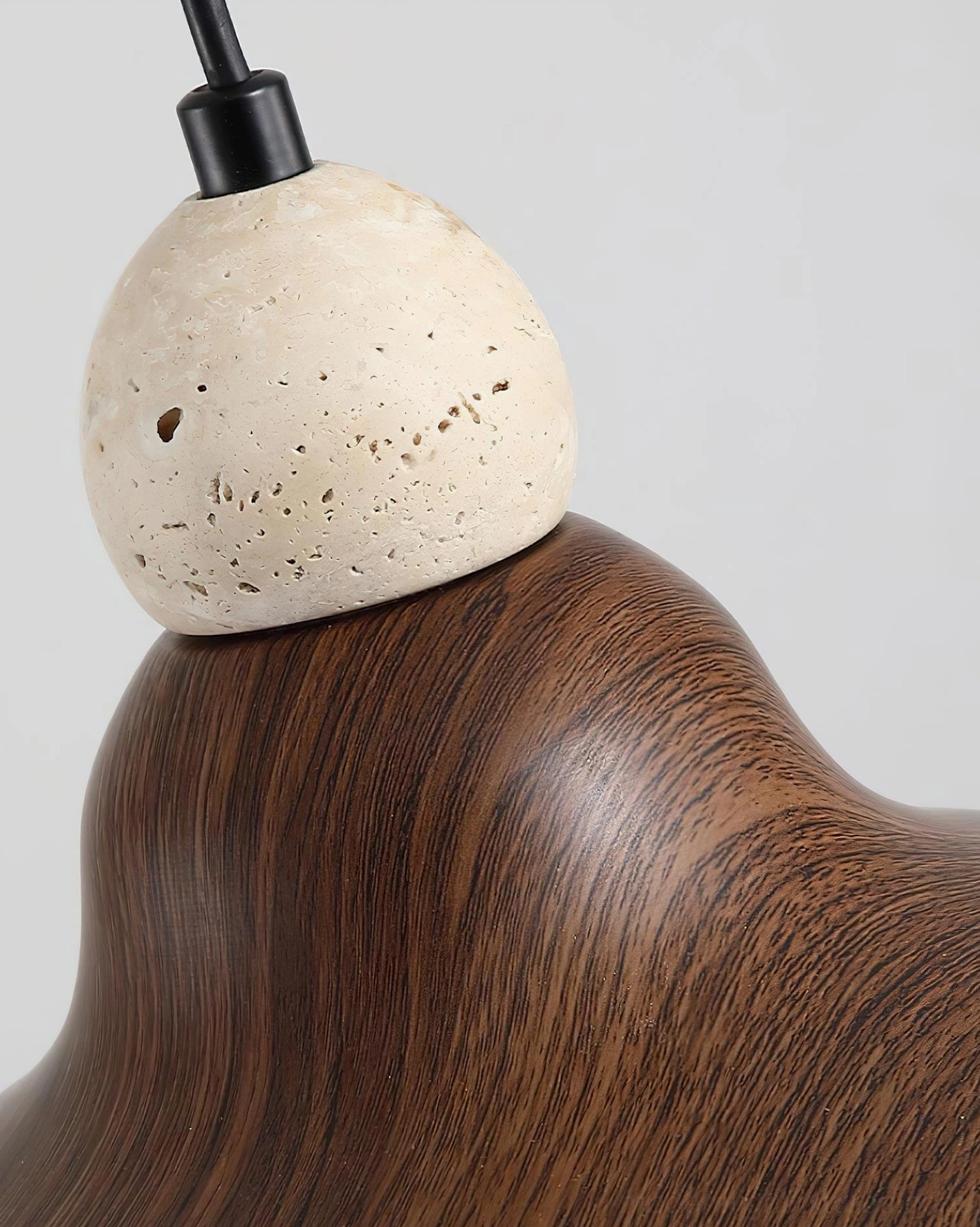 Modern minimalist dome pendant light fixture with wood-grain finish and travertine accent
