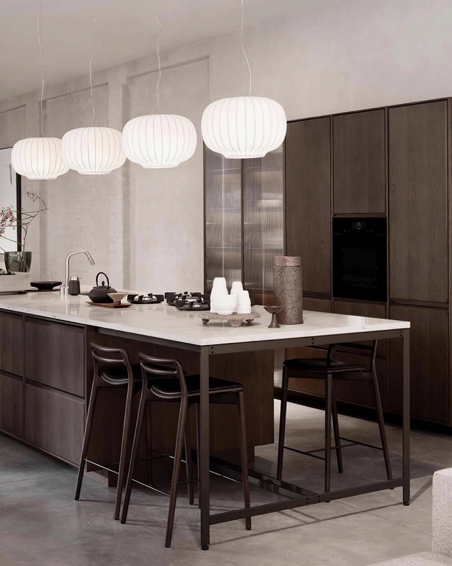 Modern minimalist fabric pendant light with soft oval shape and ribbed white finish for contemporary interiors