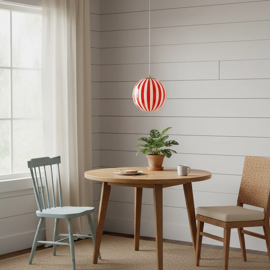 Modern minimalist interior featuring red striped spherical pendant light as focal point