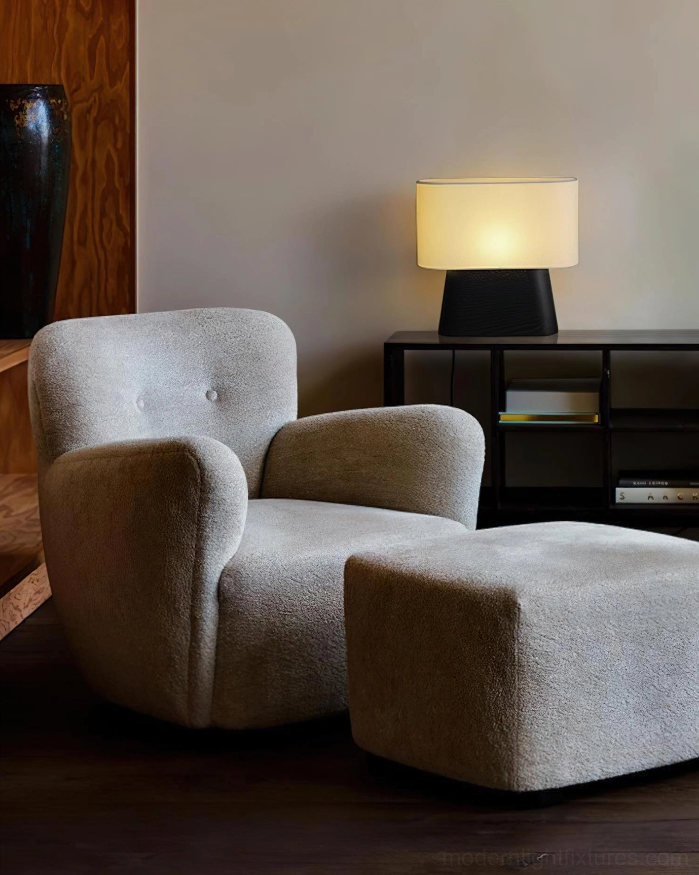Modern minimalist table lamp with tapered wood base and soft fabric shade design detail
