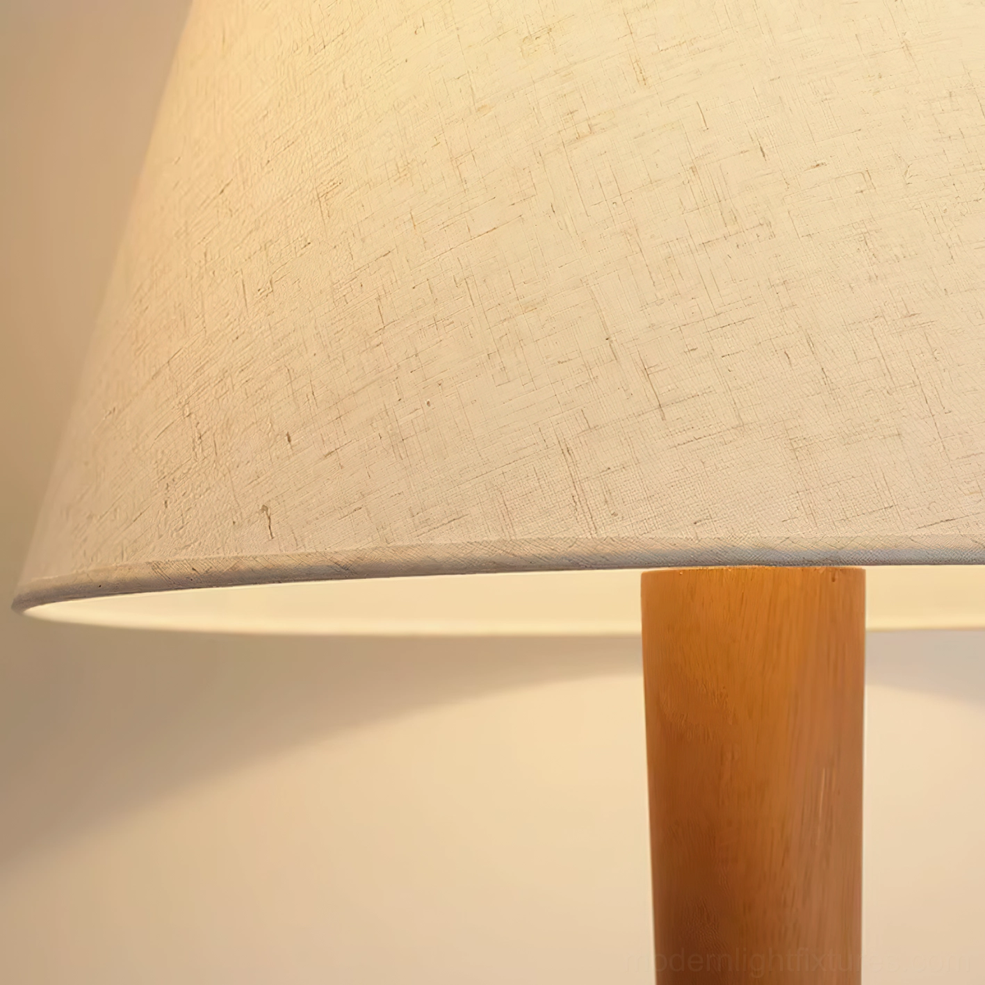 Modern tapered wooden floor lamp with brass ring accent in contemporary minimalist living space