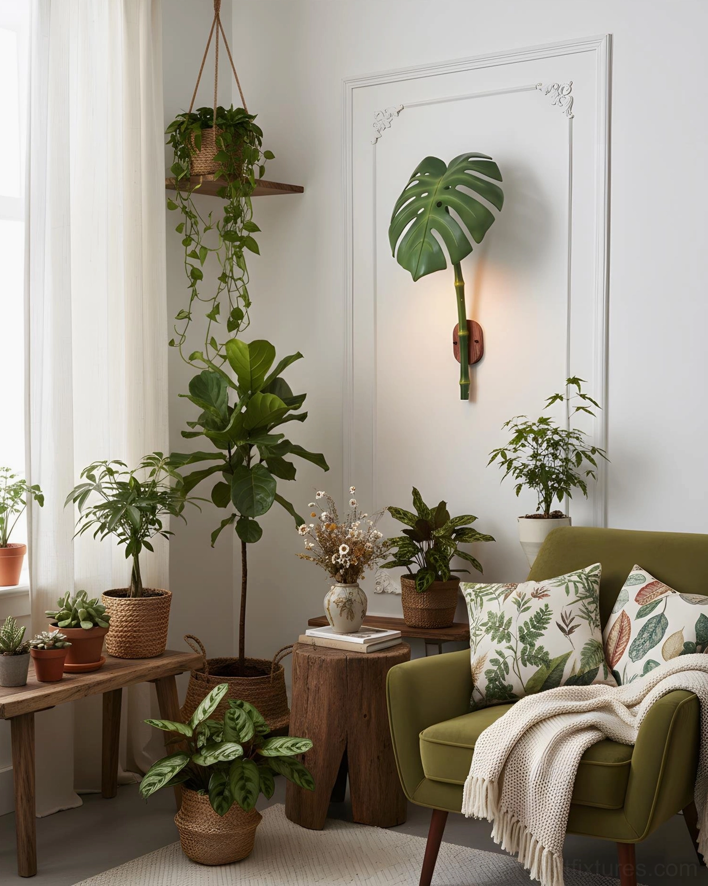 Modern wall sconce with monstera leaf shape in white finish for Scandinavian interior design