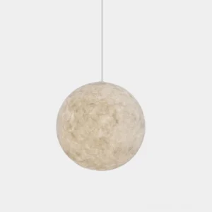 Modern moon pendant lamp white fiberglass sculptural lunar sphere front view studio lighting