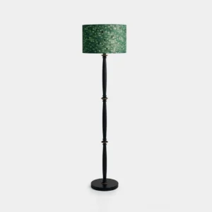 Modern mosaic drum floor lamp with green textured shade and black metal pole base, frontal studio view