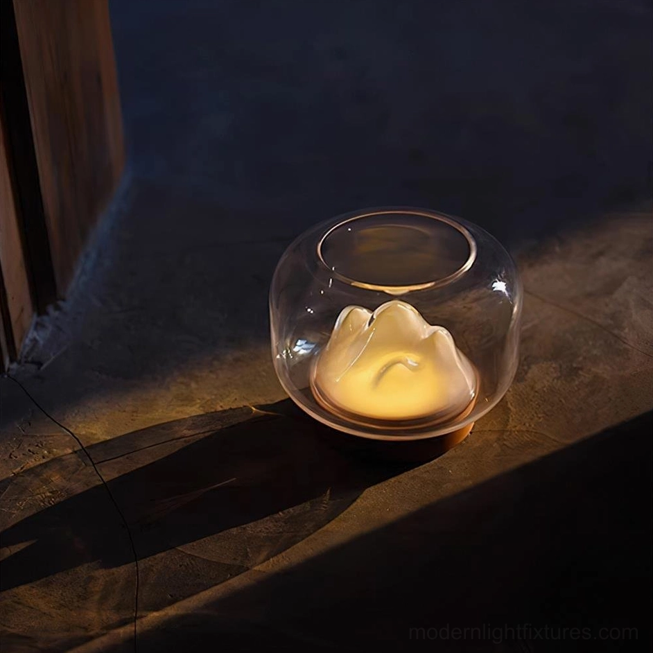 Modern mountain ambient table lamp scandinavian design style, wooden tabletop setting, soft warm glow environment