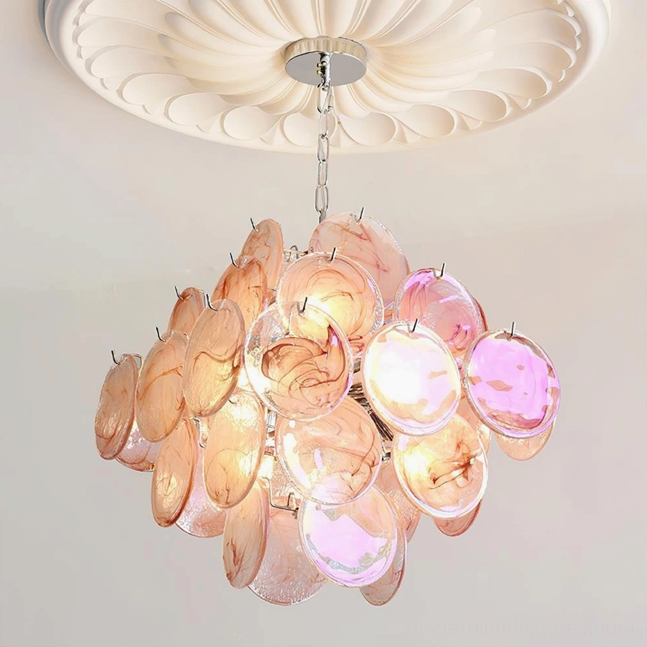 Modern Murano glass disc chandelier architectural view in elegant foyer space with sophisticated styling