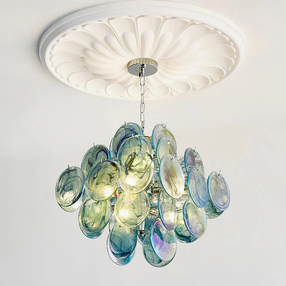 Modern Murano glass disc chandelier mounted view emphasizing minimalist design and contemporary aesthetic