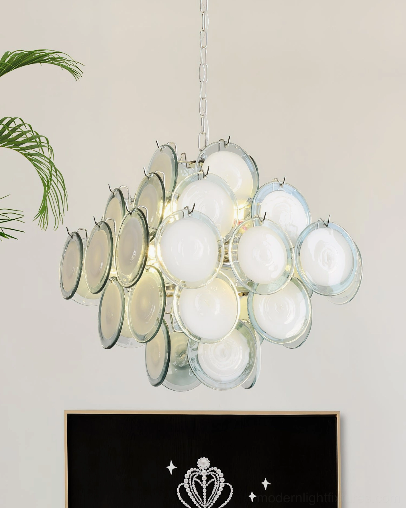 Modern Murano glass disc chandelier overhead ceiling view demonstrating proper height and light distribution