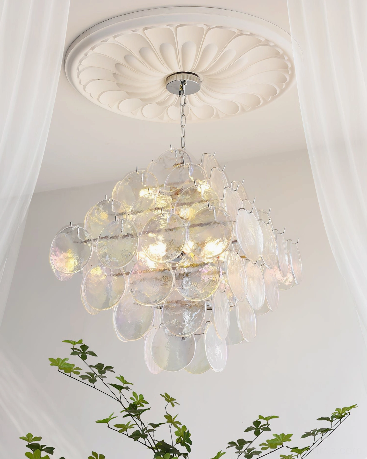Modern Murano glass disc chandelier penthouse luxury high-rise interior view with sophisticated ambiance