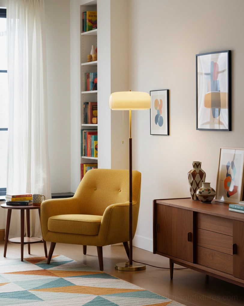 Modern mushroom floor lamp with amber glass shade next to yellow armchair in mid-century lounge area