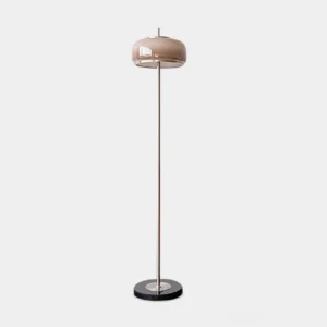 Modern mushroom floor lamp with taupe glass shade and chrome metal pole on pure white background - front view minimalist design