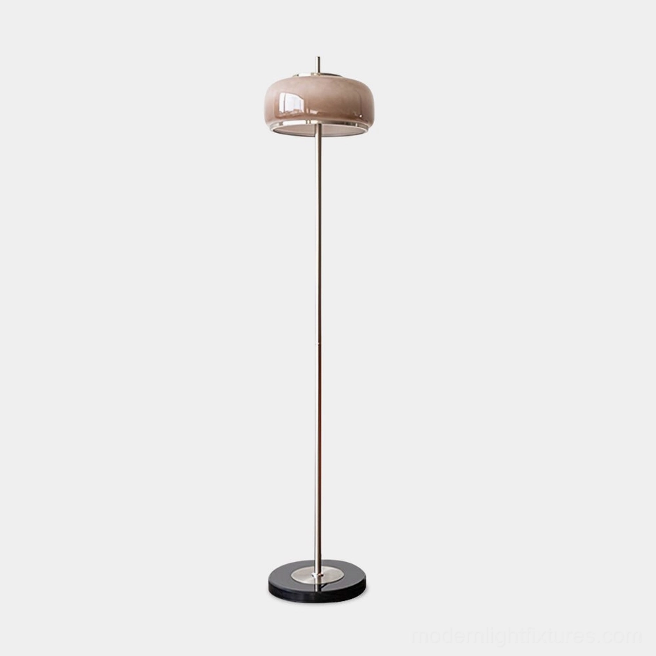 Modern mushroom floor lamp with taupe glass shade and chrome metal pole on pure white background - front view minimalist design