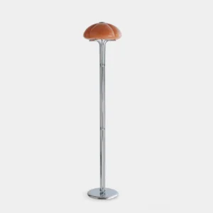 Modern mushroom glass floor lamp with white shade and polished chrome base - front studio view