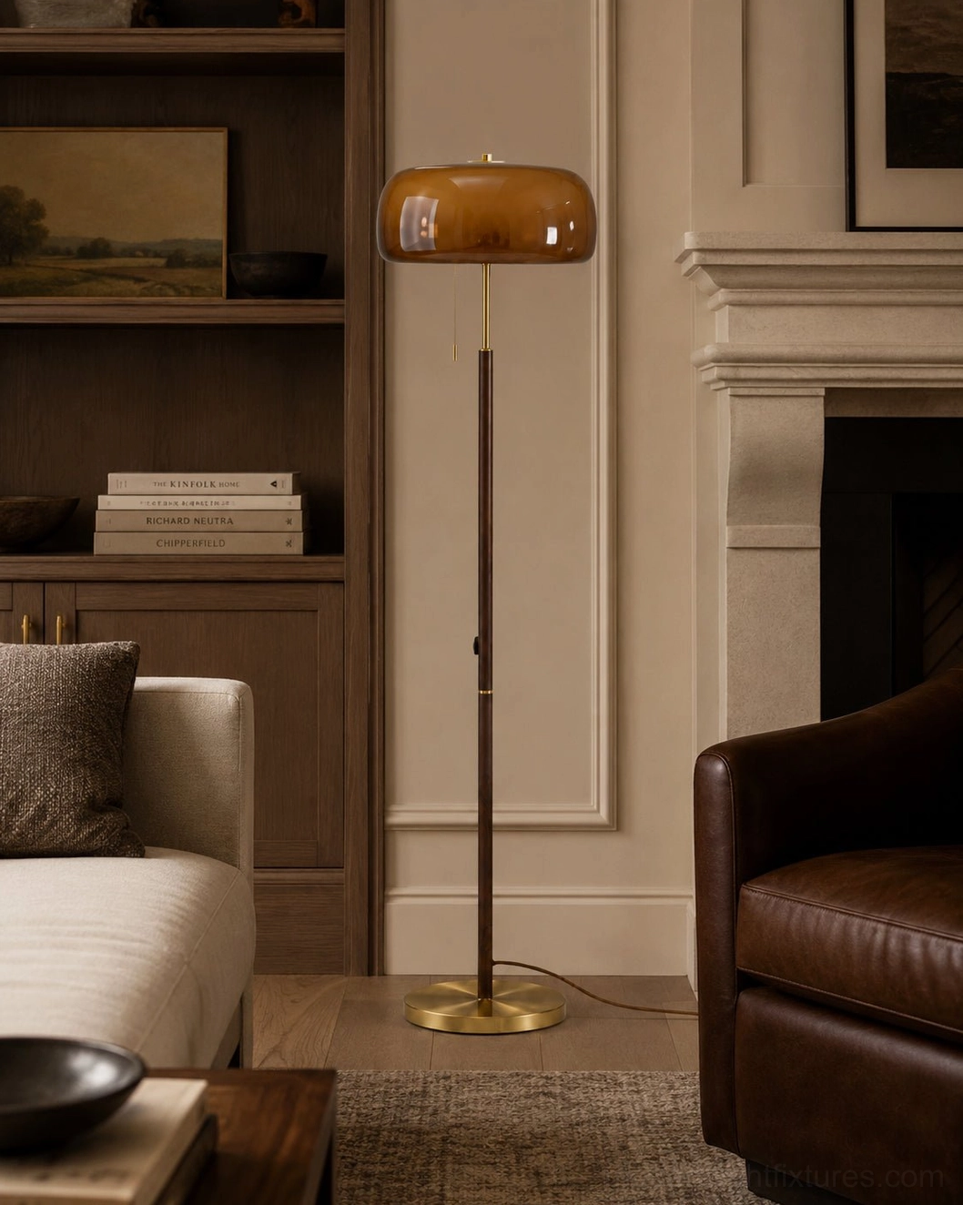 Modern mushroom-shaped floor lamp with gradient powder finish glass shade and brass base accent