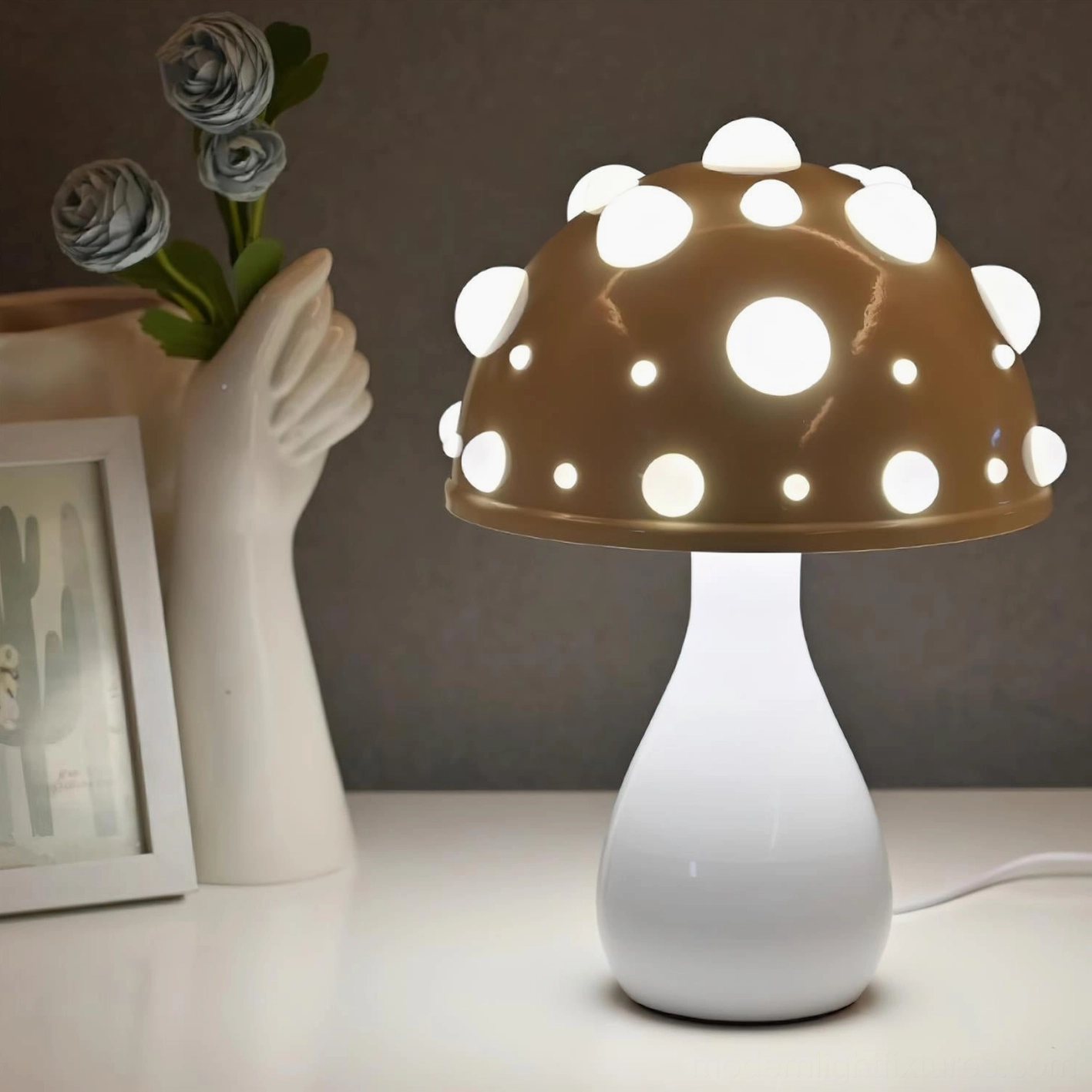 Modern mushroom table lamp in contemporary interior setting, demonstrating ambient lighting effect in home decor