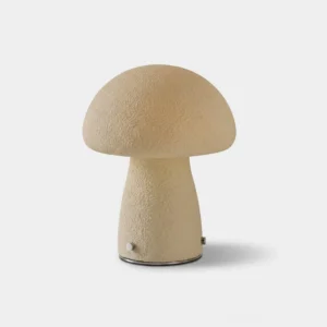 Mushroom table lamp beige sculptural design front view with textured ceramic finish and chrome base