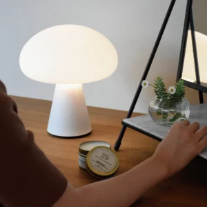 Contemporary mushroom lamp on wooden desk showing three-quarter angle and matte off-white finish with warm ambient lighting