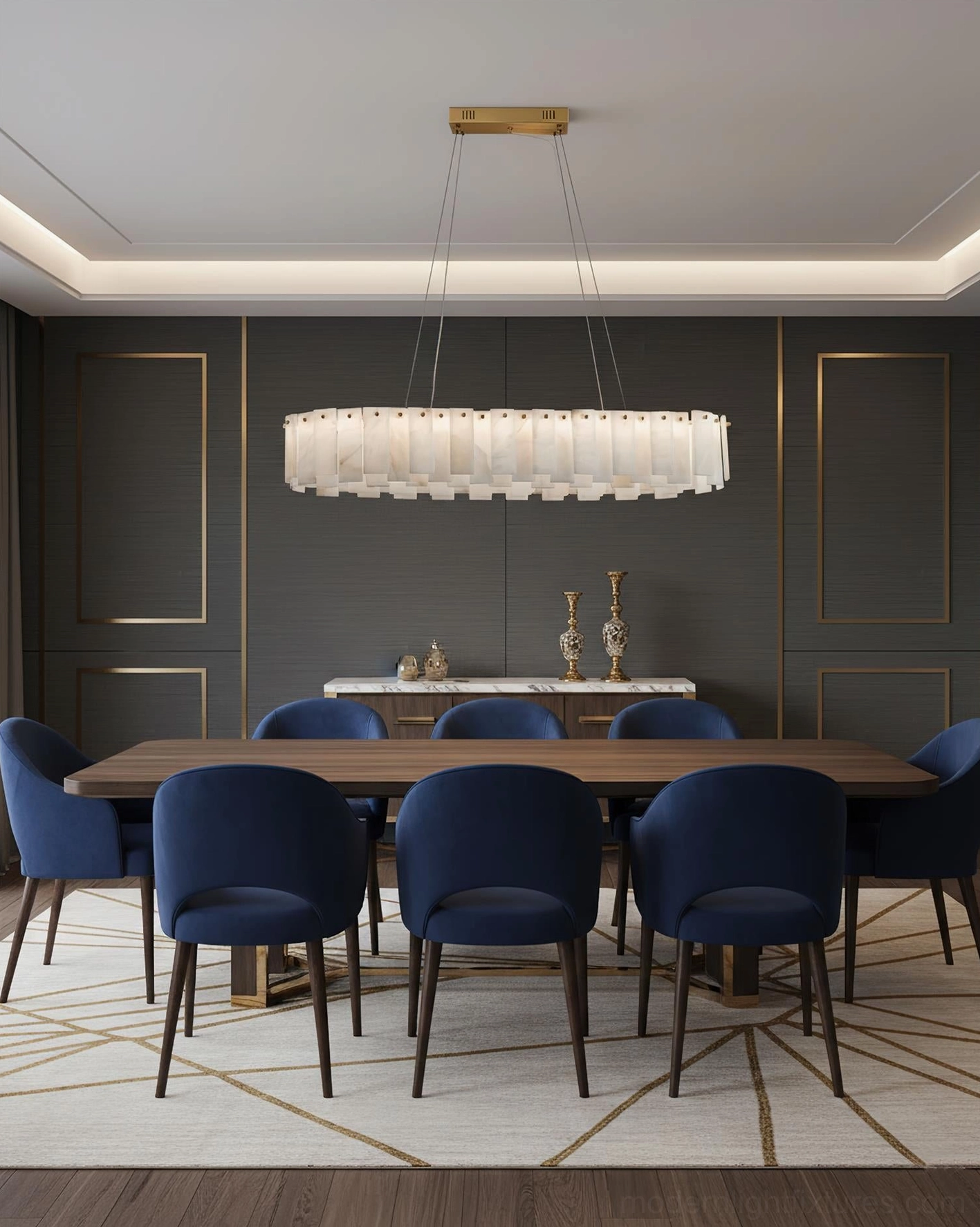 Modern natural stone chandelier with organic alabaster material, floating tier design creating sculptural lighting statement in contemporary high-end interior