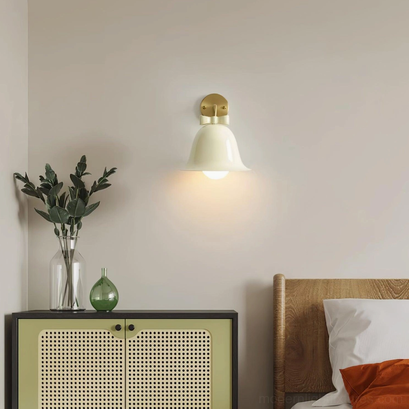 Modern Nordic bell wall lamp featuring elegant ceramic shade and refined bow knot accent piece