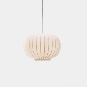 Modern oval ribbed white fabric pendant light with off-white finish on neutral background