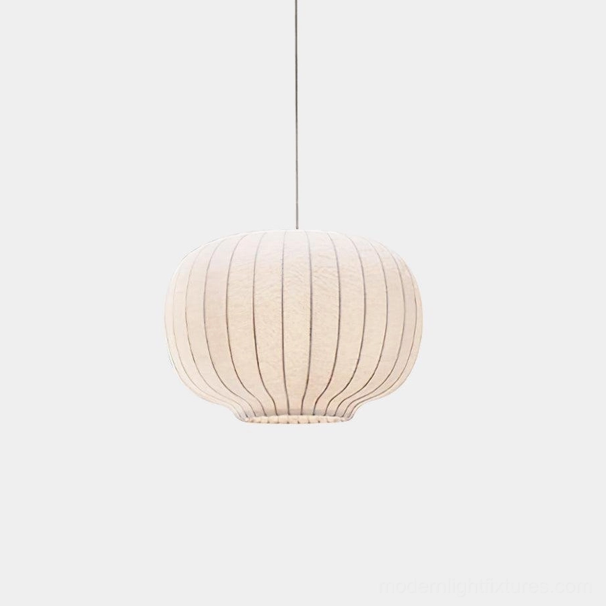 Modern oval ribbed white fabric pendant light with off-white finish on neutral background