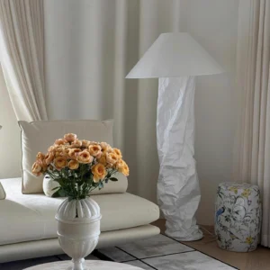 Modern white paper floor lamp in luxury living room with minimalist décor - contemporary interior design