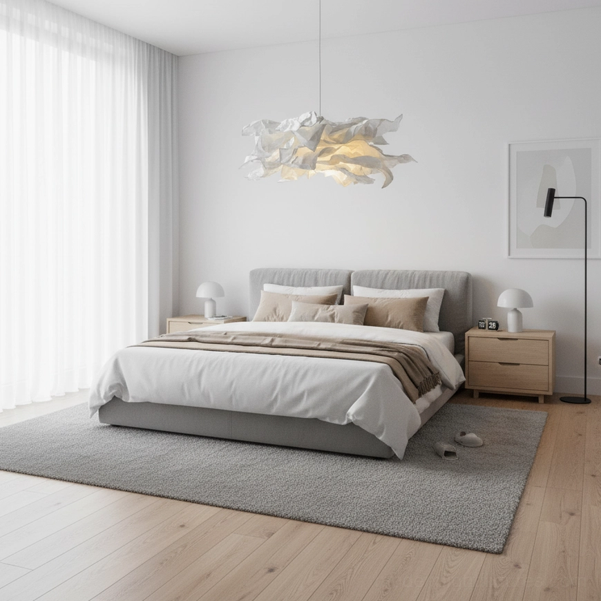 Handcrafted paper pendant light creating soft ambient glow in neutral bedroom aesthetic