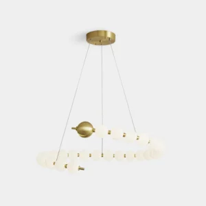 Modern pearl sphere chandelier with brass ring, frosted white acrylic diffuser, front studio view