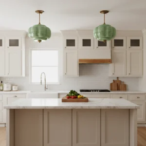 Modern pendant ceiling light fixture installed in contemporary kitchen island setting