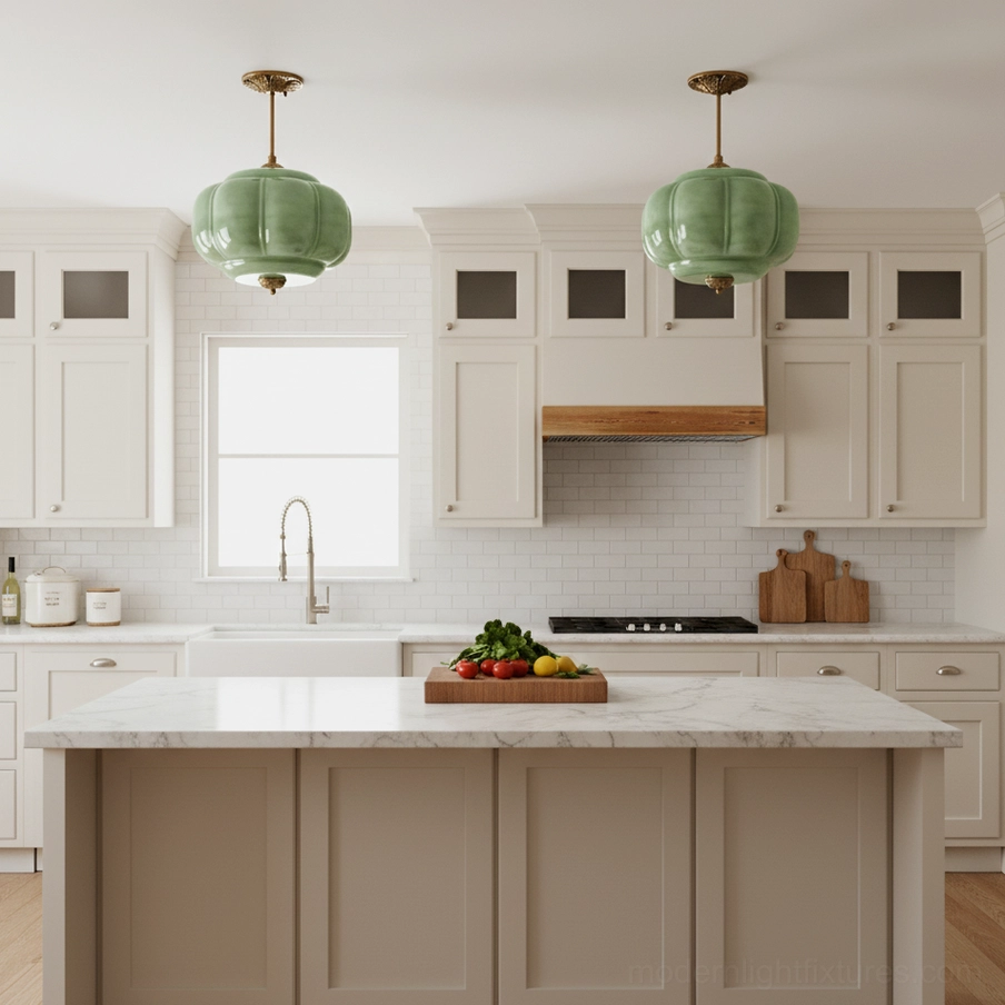 Modern pendant ceiling light fixture installed in contemporary kitchen island setting