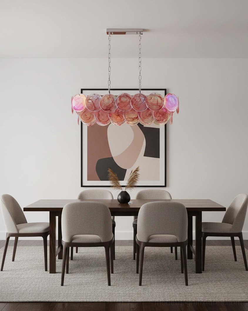 Modern linear pendant chandelier featuring white marbled glass discs and chrome hardware details