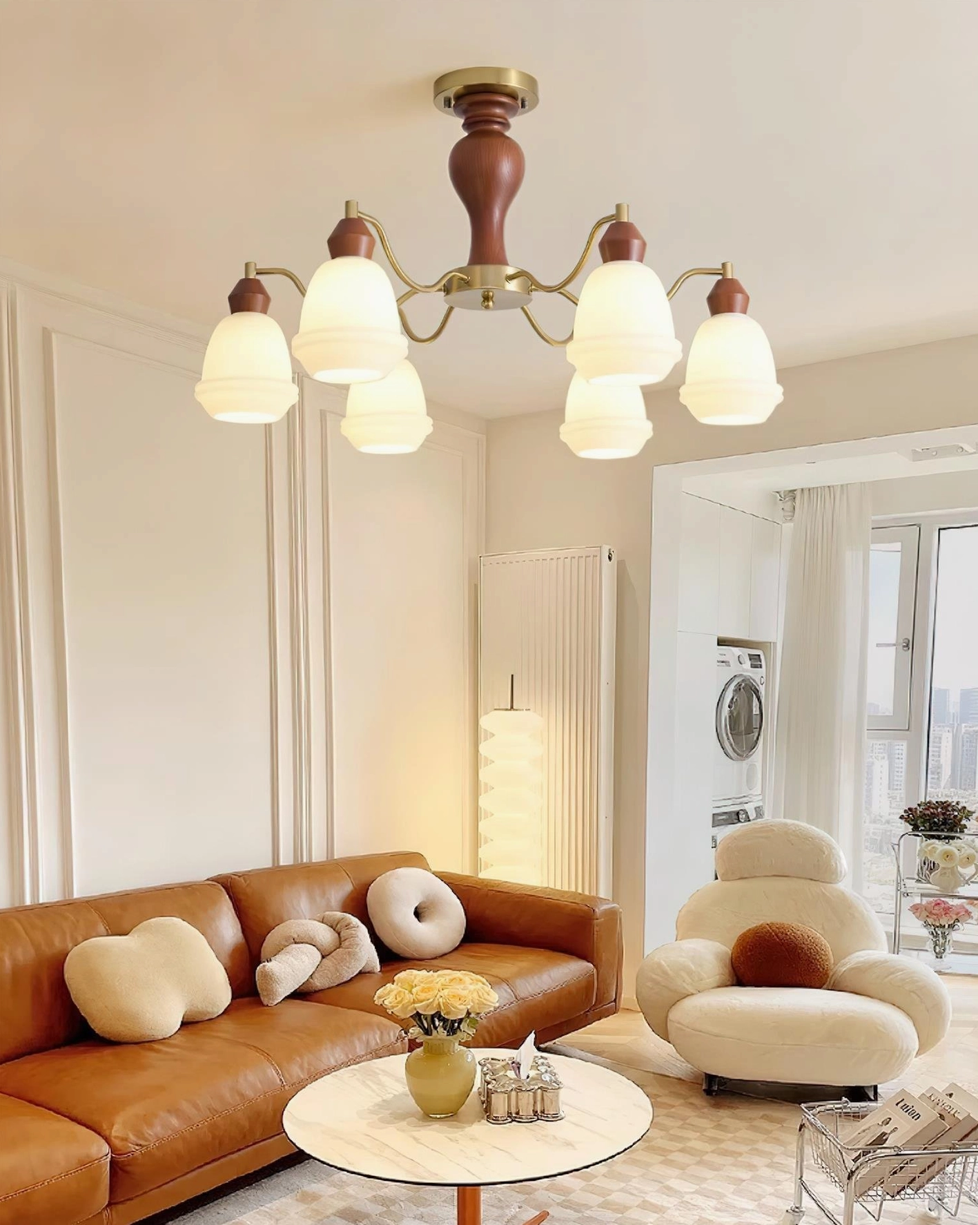 Modern pendant chandelier with natural wood stem and frosted glass shades detail
