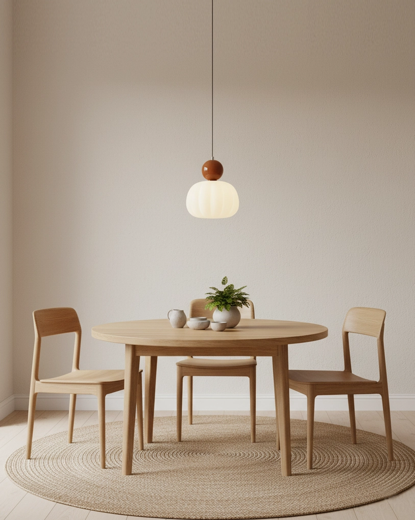 Morris ribbed pendant lamp suspended above round wooden dining table in Nordic minimalist dining nook