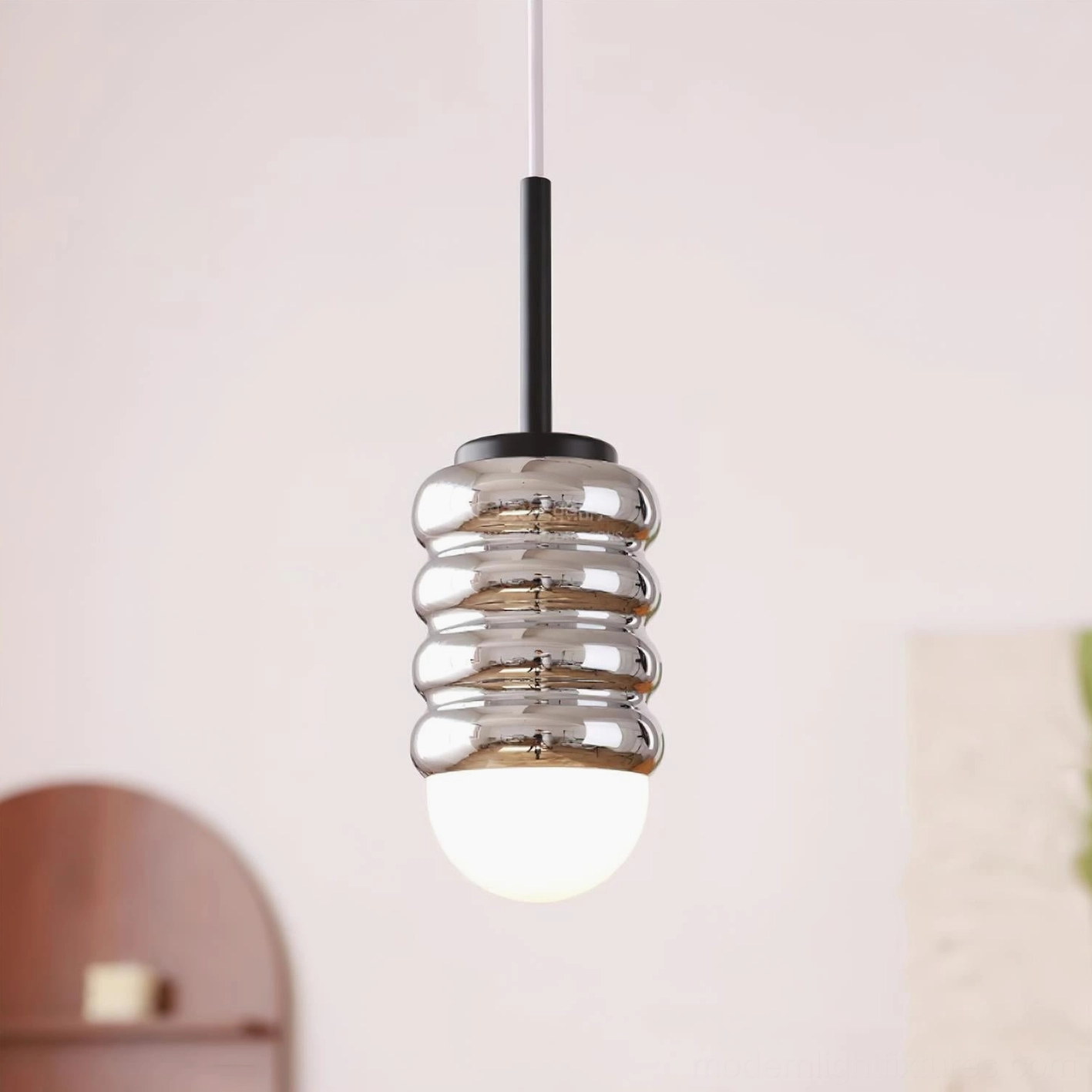 Modern pendant light fixture with metal hardware options, versatile ceiling installation for bedrooms