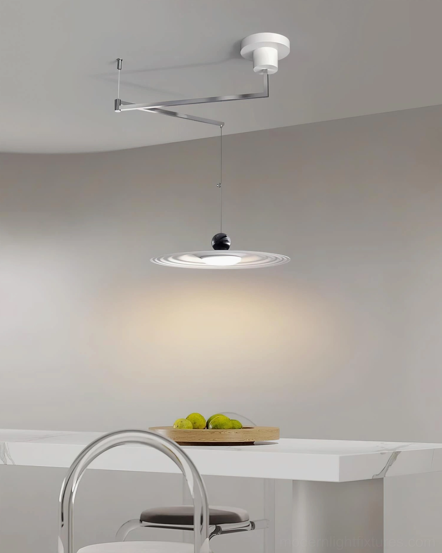 Modern swing arm pendant light fixture with silver and white color option in minimalist interior setting