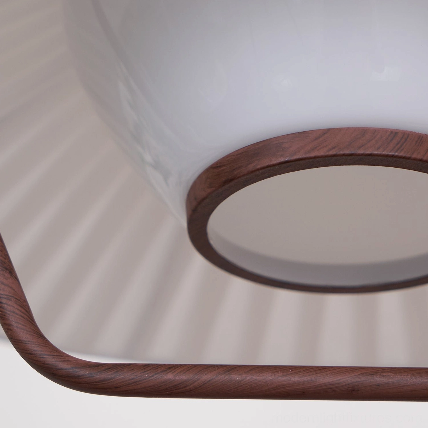 Modern pendant fixture walnut finish suspended showing wire length and hanging system