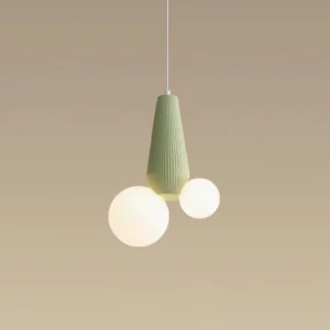 Contemporary pendant fixture featuring sage green ribbed metal base with asymmetrical frosted glass shades