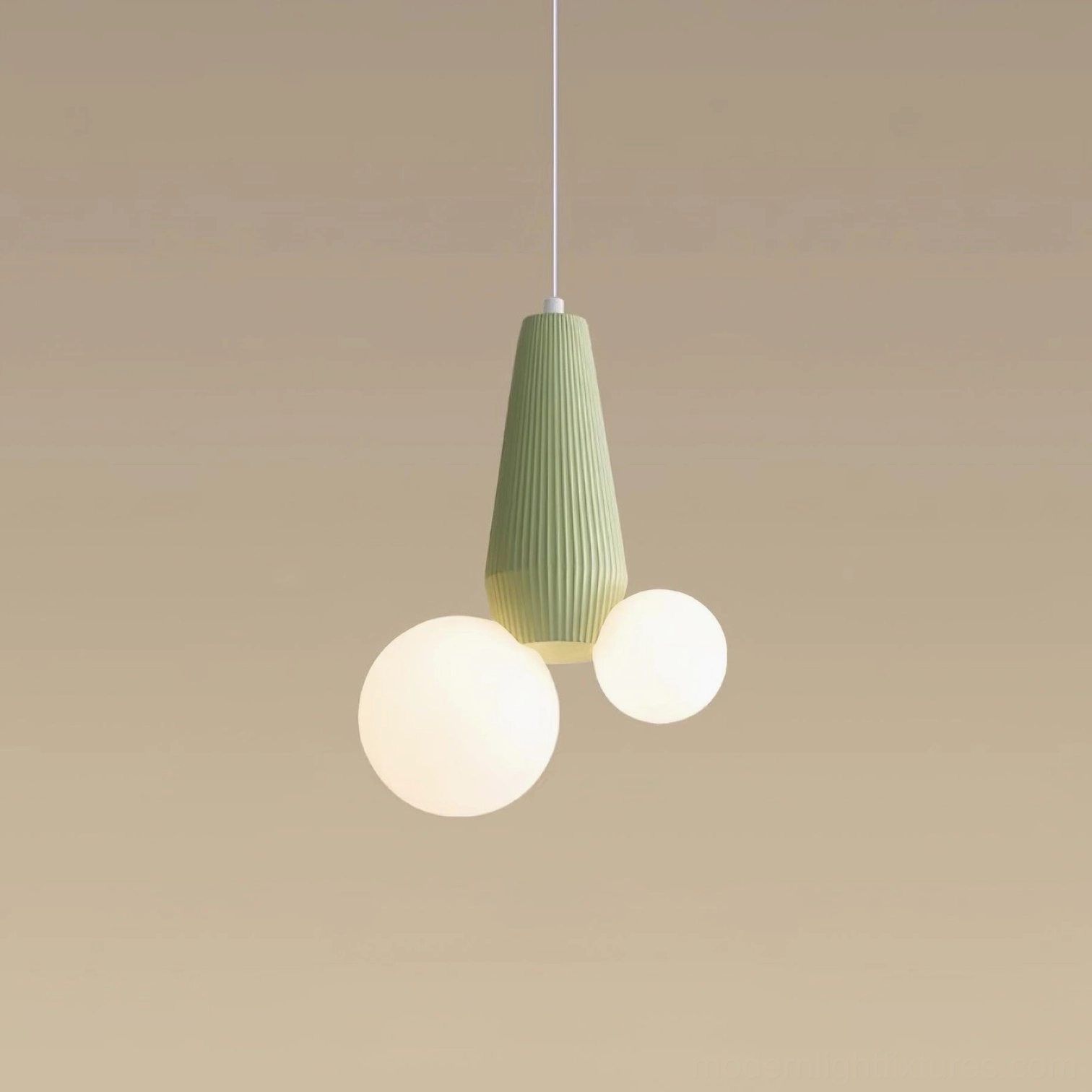 Contemporary pendant fixture featuring sage green ribbed metal base with asymmetrical frosted glass shades