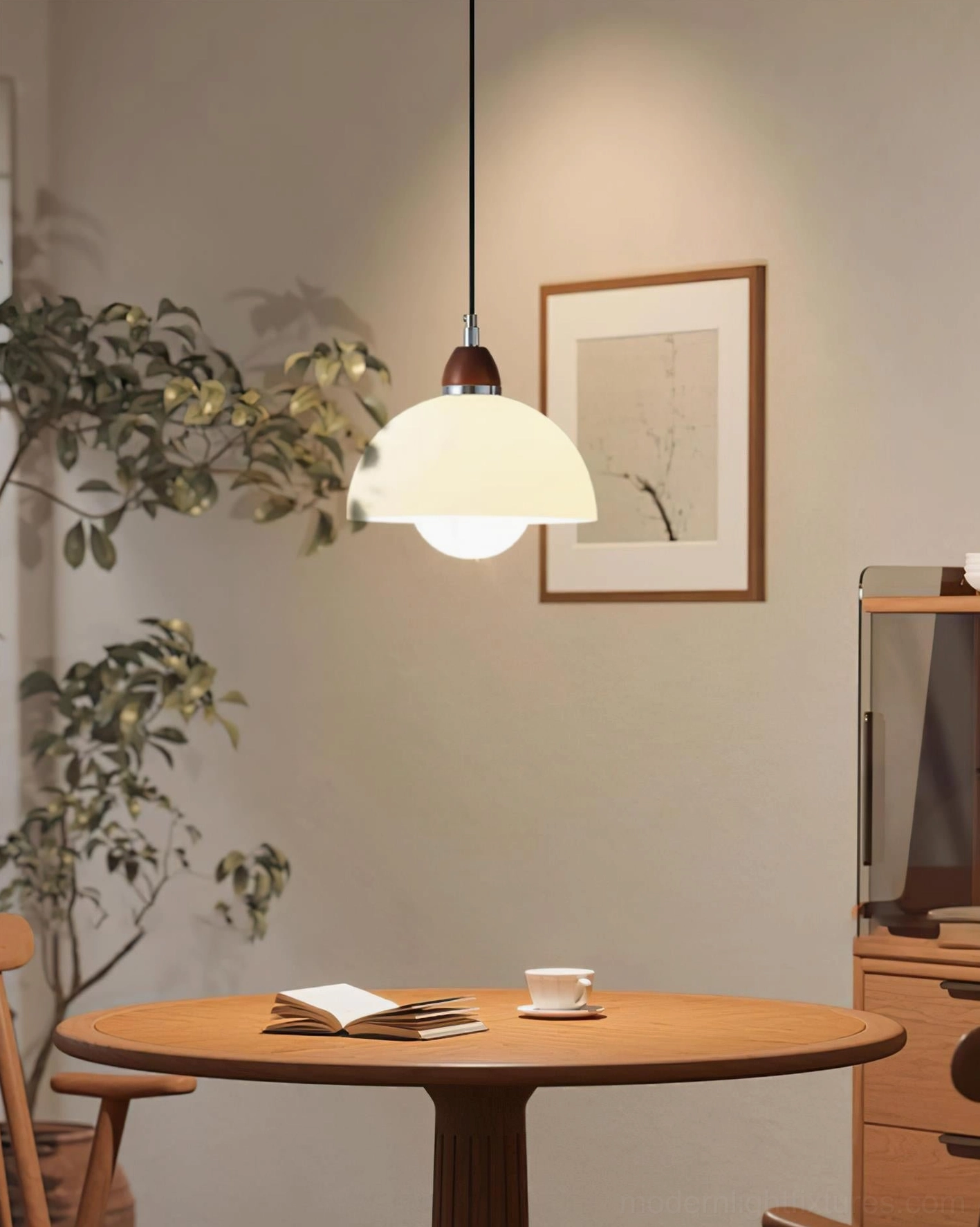Single domed pendant light in modern dining area, warm glowing illumination over wooden dining table, cozy ambiance