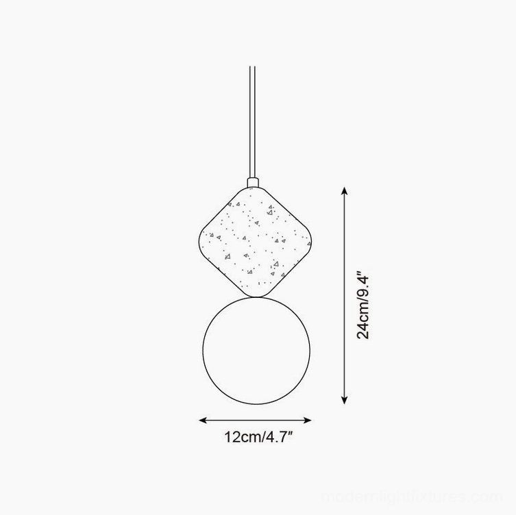 Cenari sculptural pendant technical design Model C featuring diamond-shaped natural stone with 24cm height specification
