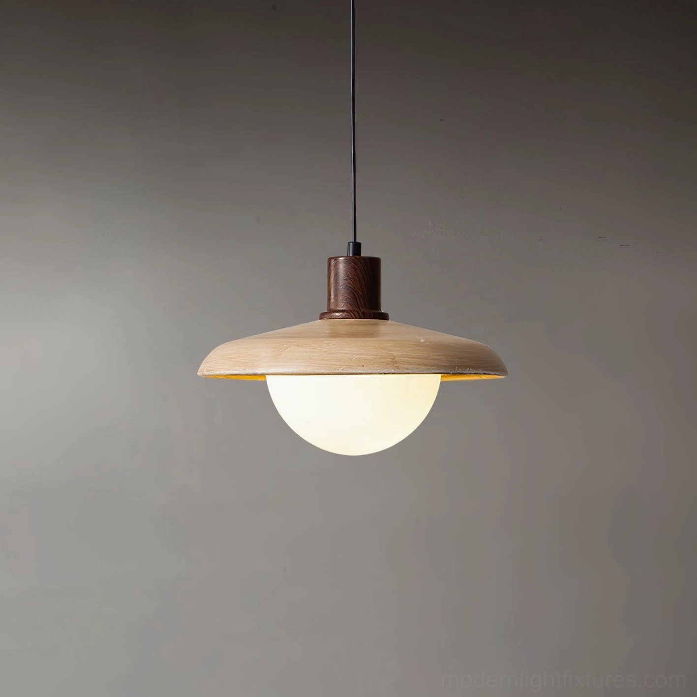 Adjustable plug-in pendant with natural wood shade and frosted glass diffuser