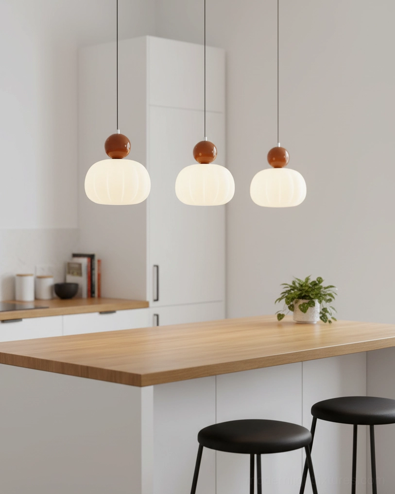 Morris pendant light in beige finish - warm contemporary pendant fixture studio photography