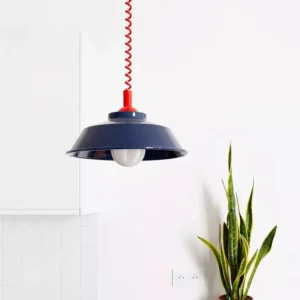 Contemporary pendant ceiling lamp with blue shade and red coiled cord - kitchen interior lighting