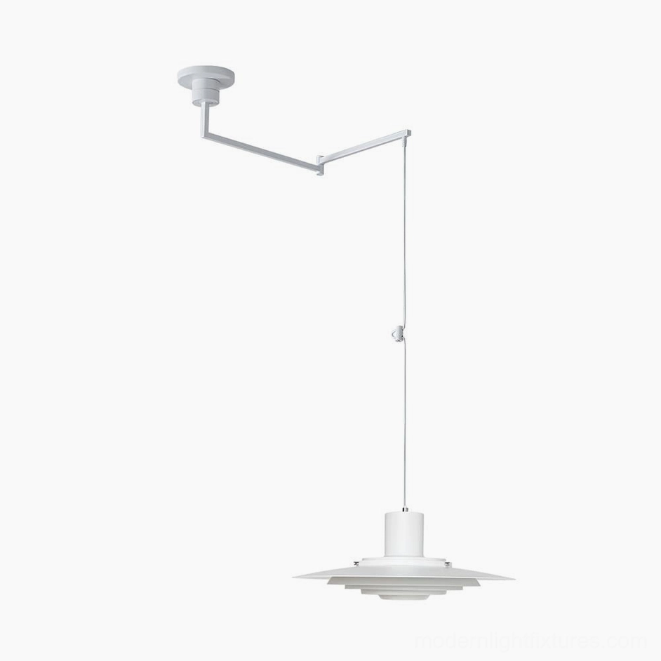 Modern swing arm pendant light in chrome, showcasing polished reflective finish and articulated arm with precision engineering