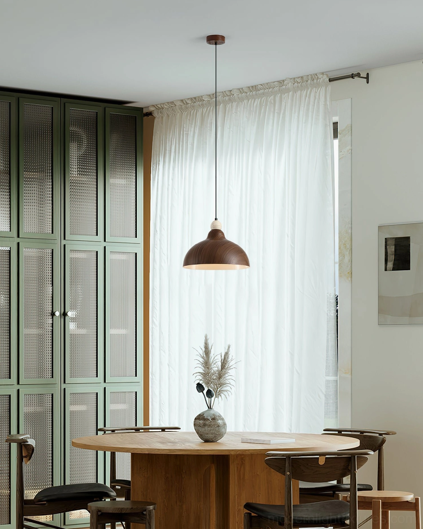 Contemporary wood-grain dome pendant fixture in modern dining room with glass cabinets