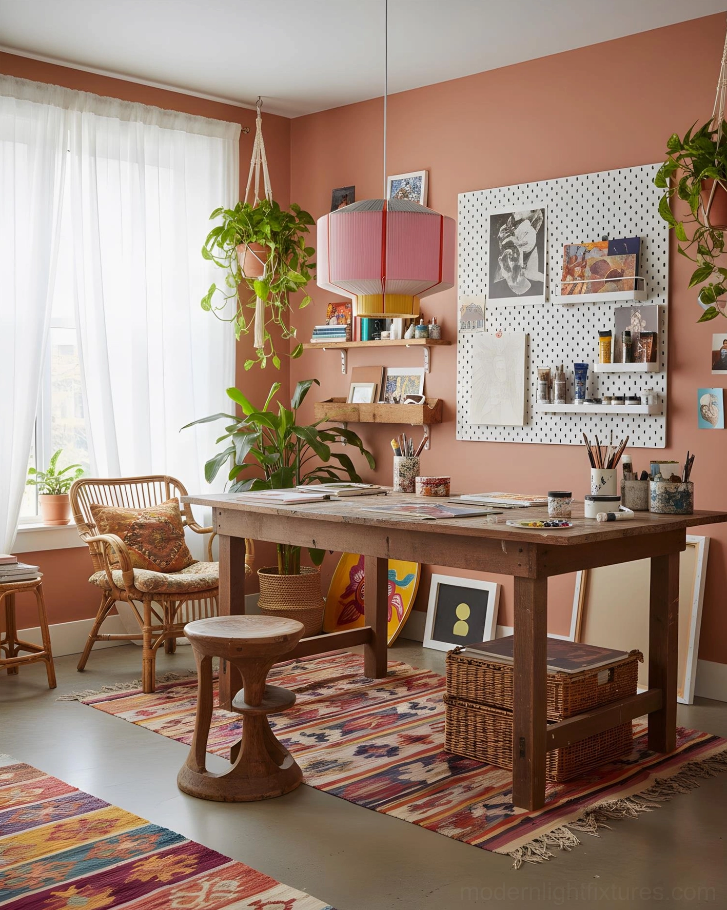 Contemporary pink fabric pendant lamp in home craft studio with pegboard storage and potted plants