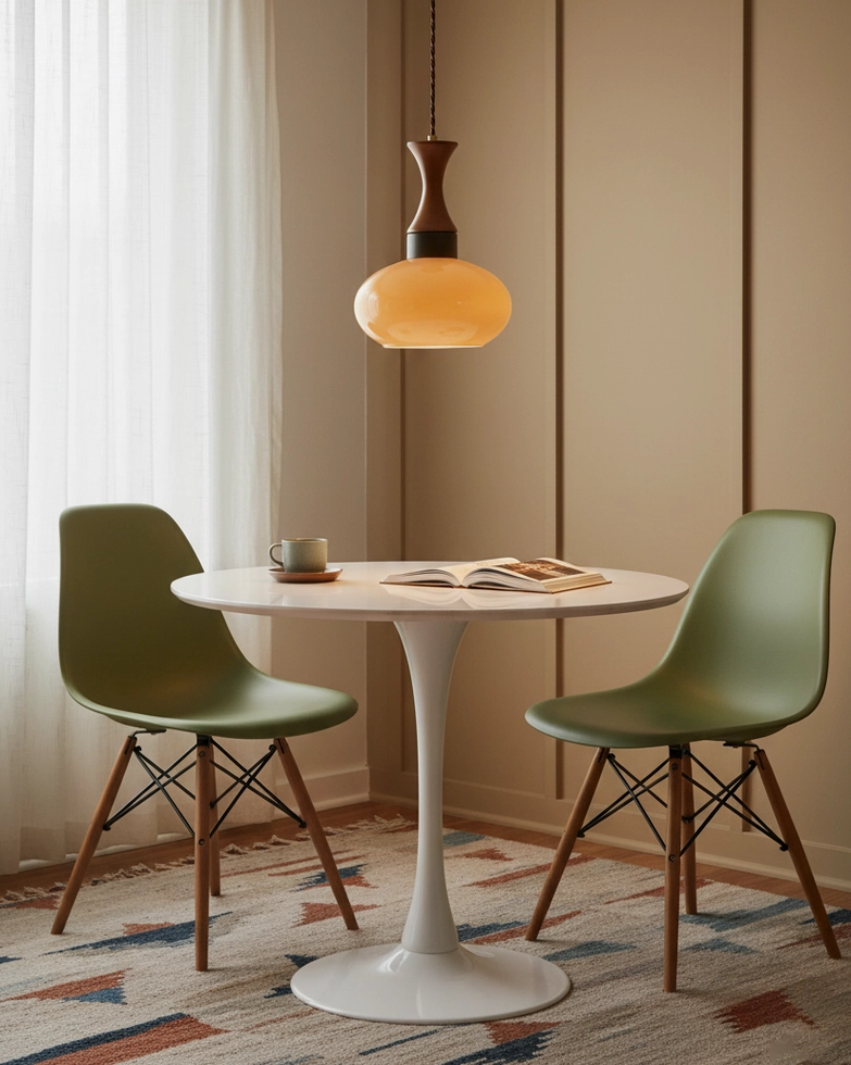 Modern plug-in pendant fixture in contemporary dining nook with green chairs and natural light