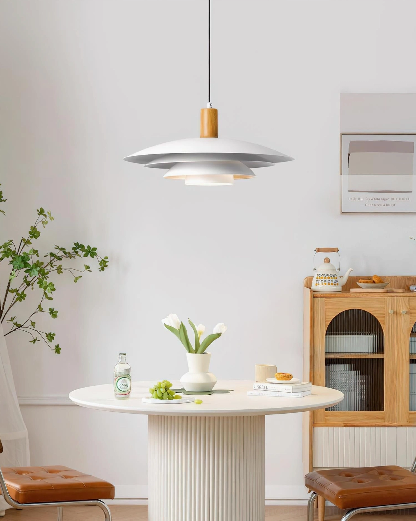 Contemporary pendant lamp fixture hanging in warm modern dining space above wooden table illustration